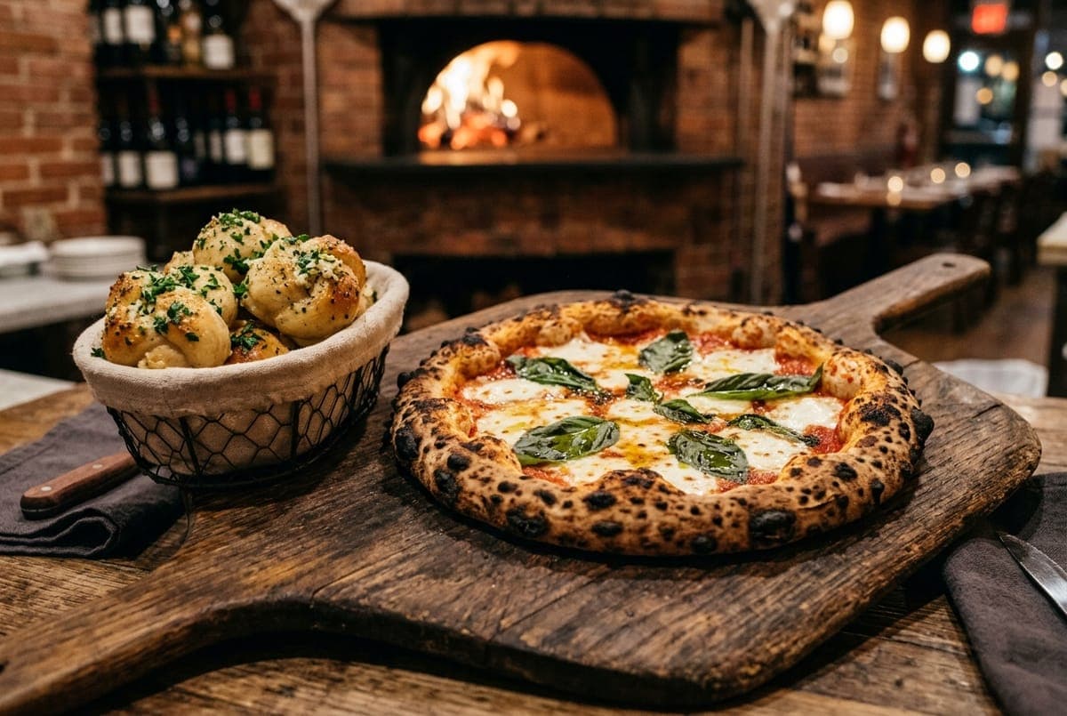 A wood-fired pizza with basil beside a basket of garlic knots